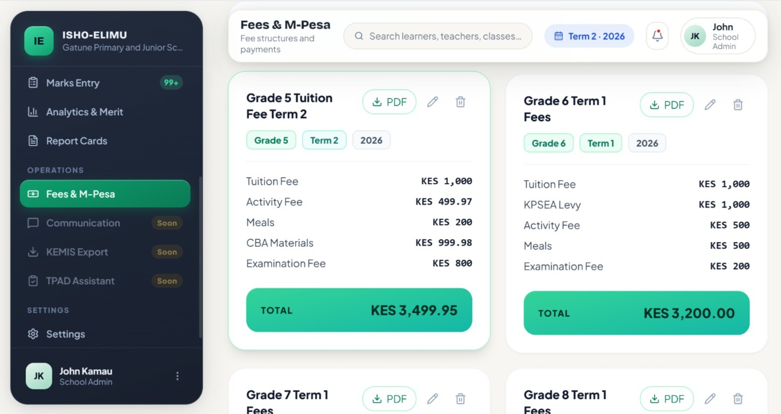 Isho Elimu fee structures, one card per grade and term listing tuition, activity, meals and examination fees with the total.