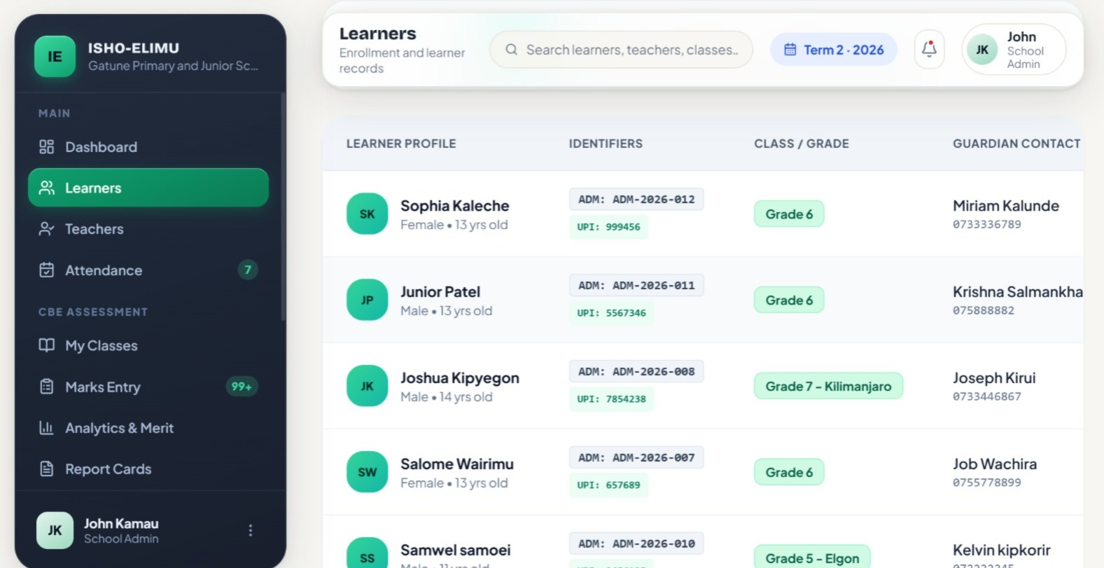 Isho Elimu learners list, each learner shown with their admission number, UPI, grade and guardian's contact.