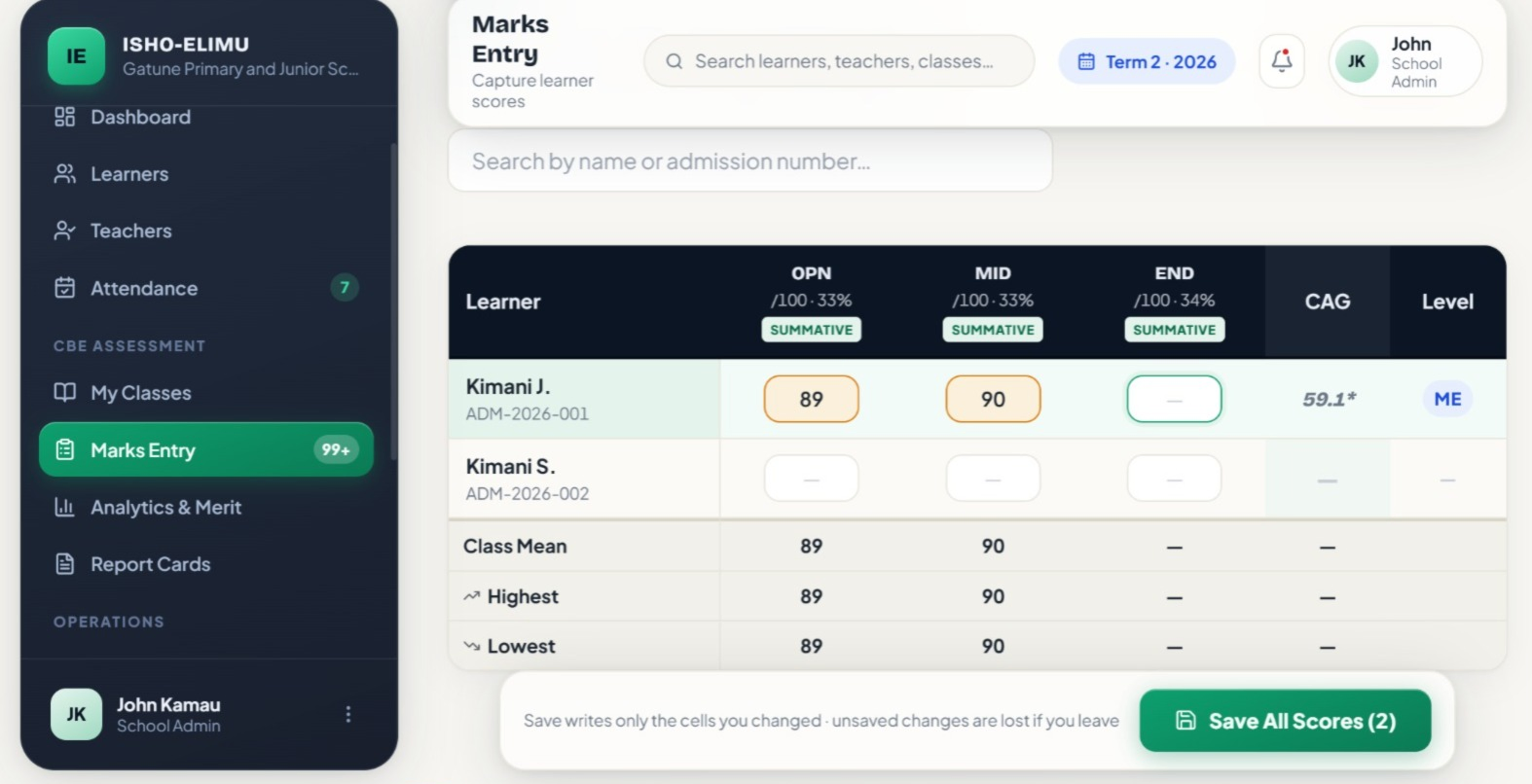 Isho Elimu marks entry screen with a column for each exam showing what it is marked out of and its weight, a box per learner for the mark, and the class mean, highest and lowest underneath.