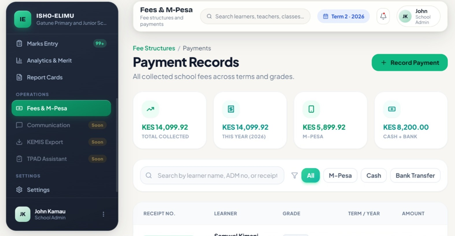 Isho Elimu payment records showing the fees collected in total and this year, split into M-Pesa and cash or bank, with a Record Payment button.