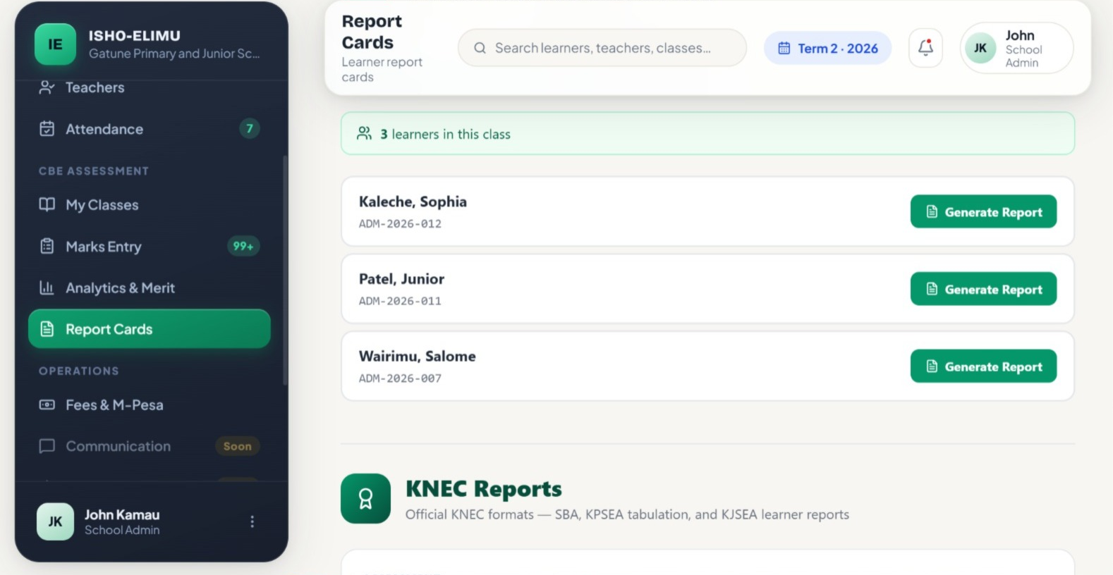 Isho Elimu report cards screen listing the learners in a class, each with a Generate Report button, above a section for KNEC reports.