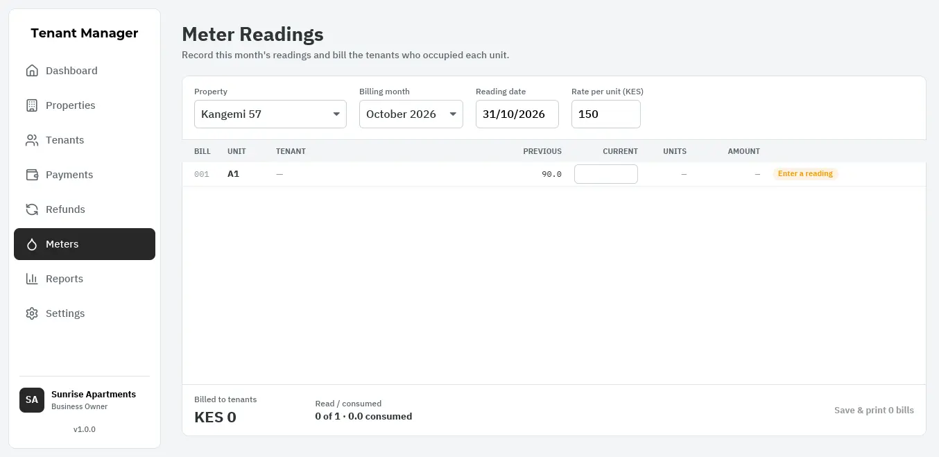 Tenant Manager meter readings screen for one property and month, listing a metered unit with its previous reading, a box for the current reading, and the total billed to tenants.