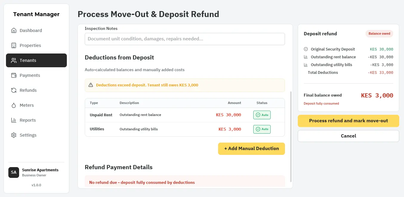Tenant Manager move-out screen listing unpaid rent and utility bills as deductions from the deposit, beside a deposit refund summary showing they come to more than the deposit and the balance the tenant still owes.