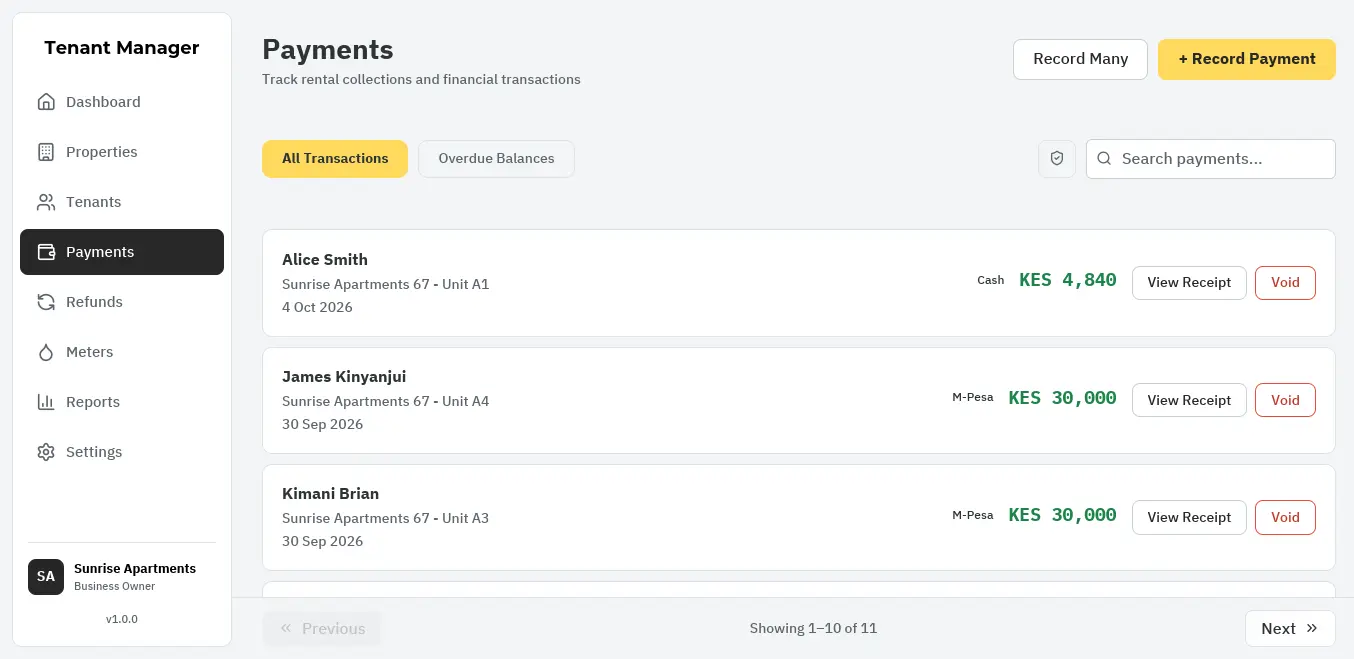 Tenant Manager payments list, each payment shown with its tenant, unit, date, amount and receipt.