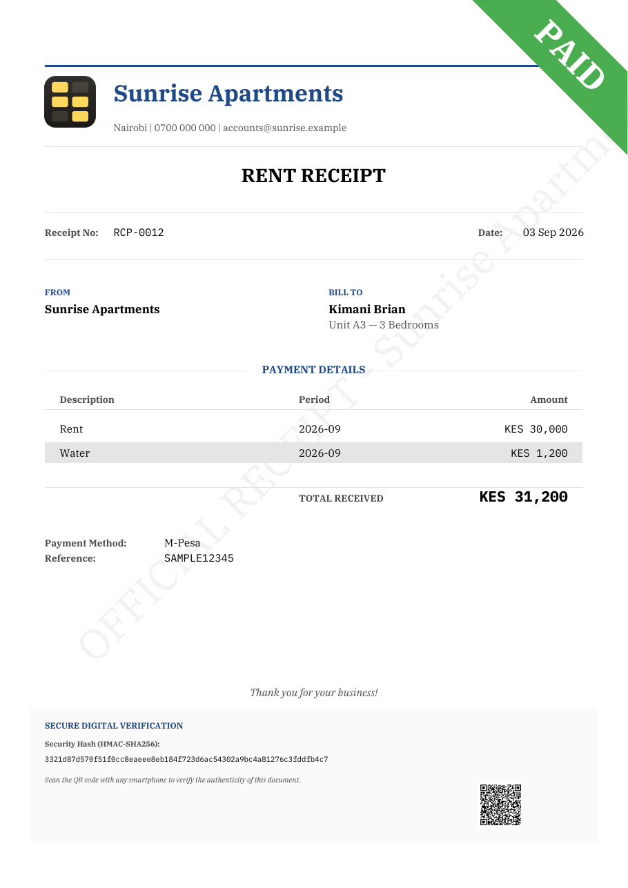 A rent receipt printed by Tenant Manager, with the landlord's letterhead, the payment broken down by charge, a verification code and a QR code.