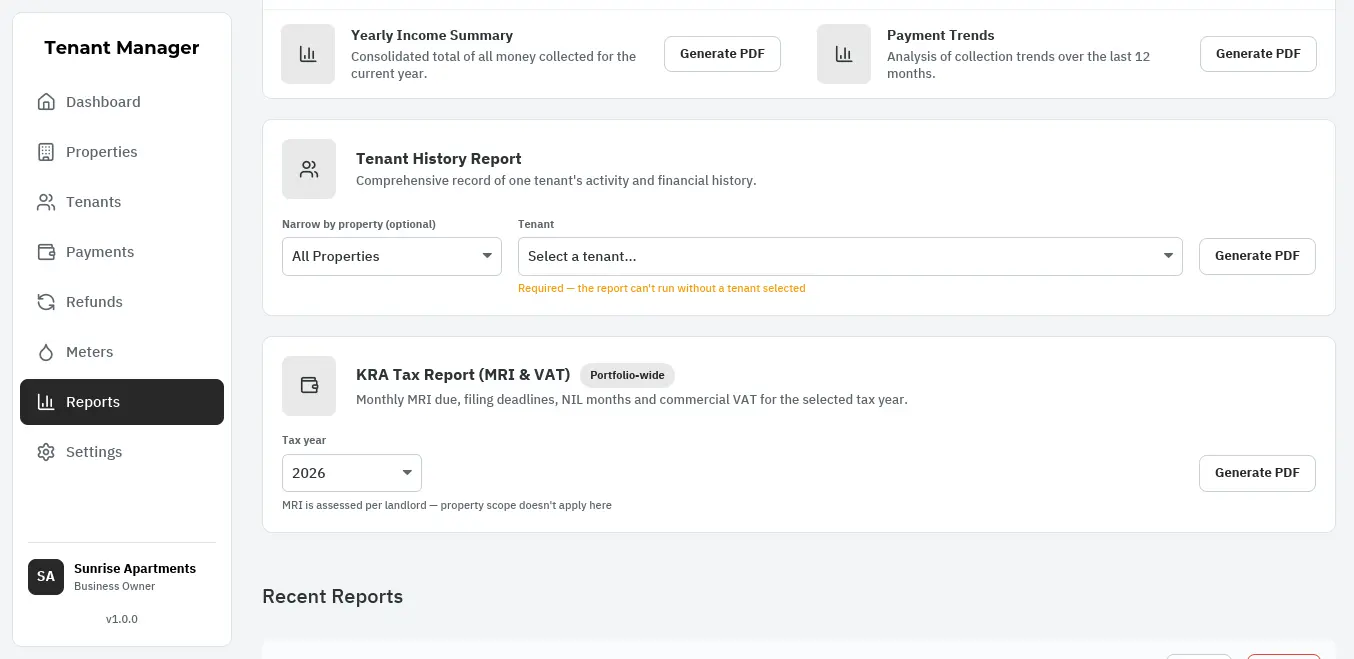 Tenant Manager reports screen with the KRA tax report, which covers monthly tax due and filing deadlines for a chosen tax year.