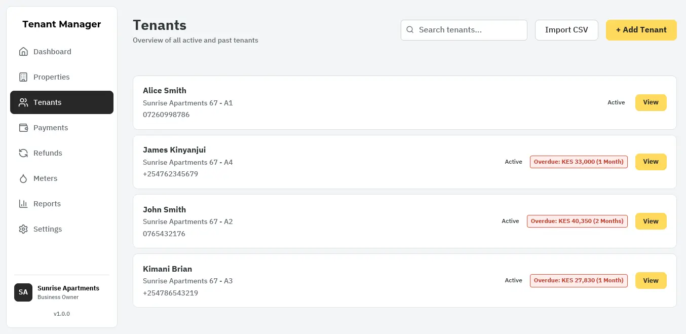 Tenant Manager tenants list, each tenant shown with their property, unit, phone number and any overdue amount.